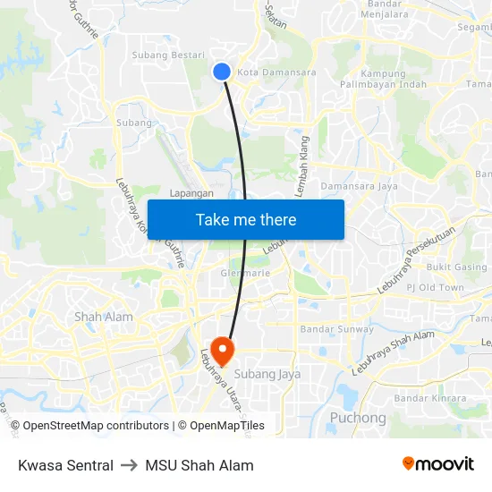 Kwasa Sentral to MSU Shah Alam map