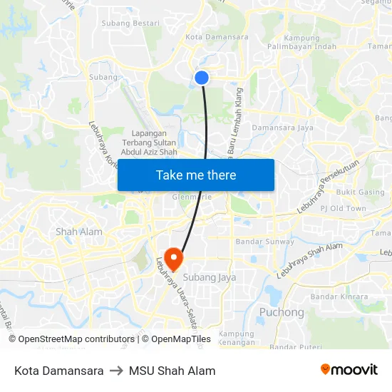 Kota Damansara to MSU Shah Alam map