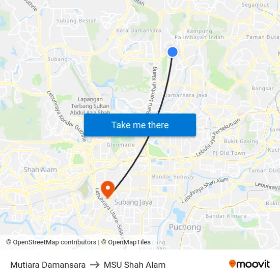 Mutiara Damansara to MSU Shah Alam map