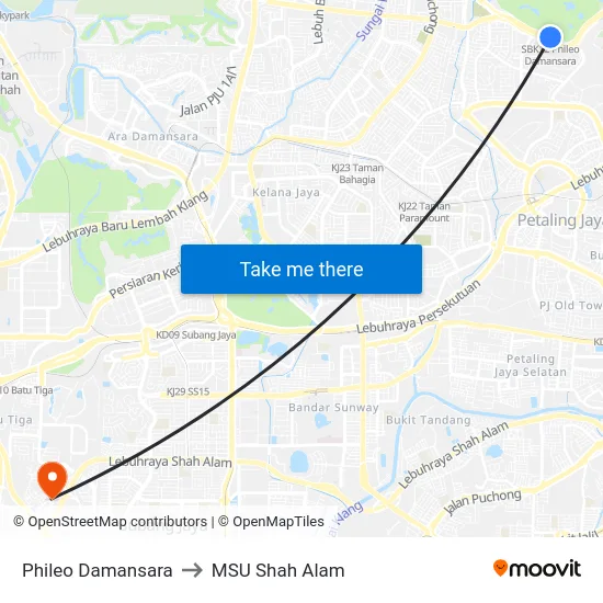 Phileo Damansara to MSU Shah Alam map