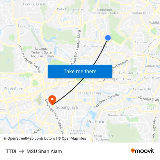 TTDI to MSU Shah Alam map