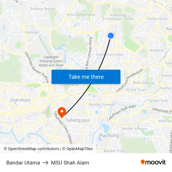 Bandar Utama to MSU Shah Alam map