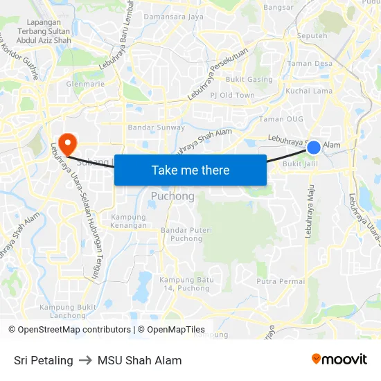 Sri Petaling to MSU Shah Alam map