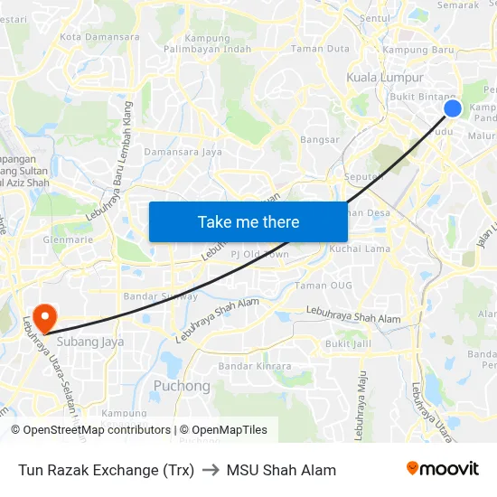 Tun Razak Exchange (Trx) to MSU Shah Alam map