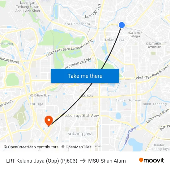 LRT Kelana Jaya (Opp) (Pj603) to MSU Shah Alam map