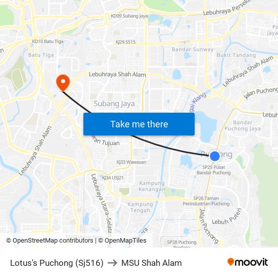 Lotus's Puchong (Sj516) to MSU Shah Alam map