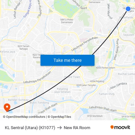 KL Sentral (Utara) (Kl1077) to New RA Room map