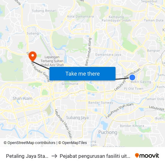 Petaling Jaya State (Utara) (Pj433) to Pejabat pengurusan fasiliti uitm puncak perdana shah alam map