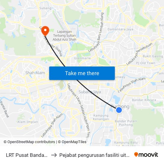 LRT Pusat Bandar Puchong (Sj735) to Pejabat pengurusan fasiliti uitm puncak perdana shah alam map