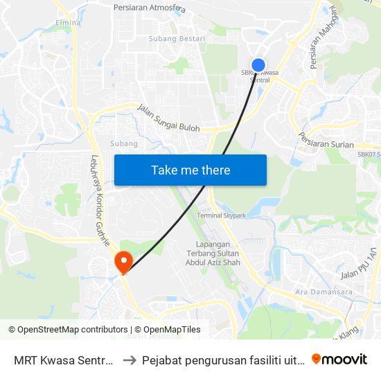 MRT Kwasa Sentral, Pintu A (Sa1020) to Pejabat pengurusan fasiliti uitm puncak perdana shah alam map