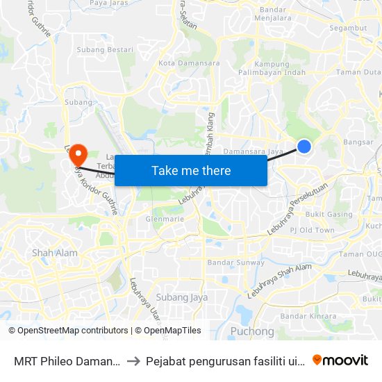 MRT Phileo Damansara, Pintu A (Pj823) to Pejabat pengurusan fasiliti uitm puncak perdana shah alam map