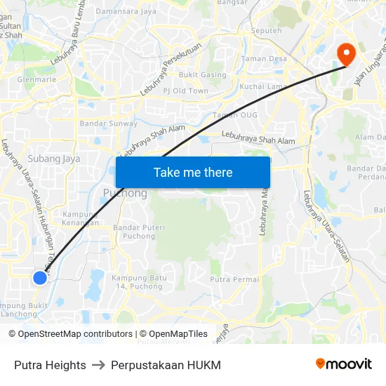 Putra Heights to Perpustakaan HUKM map