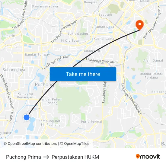 Puchong Prima to Perpustakaan HUKM map
