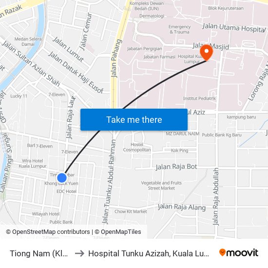 Tiong Nam (Kl42) to Hospital Tunku Azizah, Kuala Lumpur map