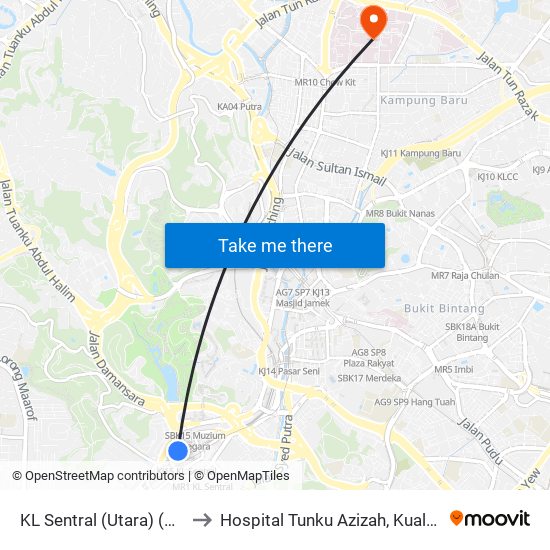 KL Sentral (Utara) (Kl1077) to Hospital Tunku Azizah, Kuala Lumpur map