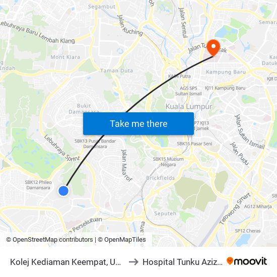 Kolej Kediaman Keempat, Universiti Malaya (Kl2348) to Hospital Tunku Azizah, Kuala Lumpur map