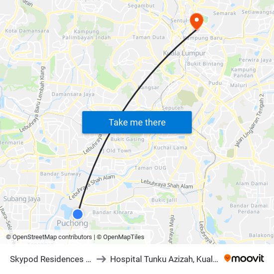 Skypod Residences (Sj447) to Hospital Tunku Azizah, Kuala Lumpur map