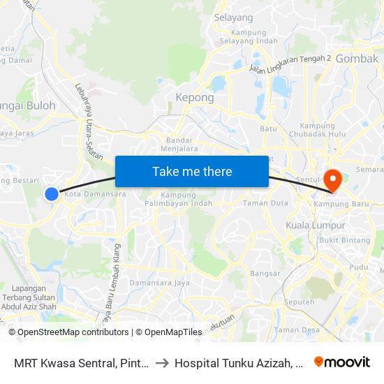 MRT Kwasa Sentral, Pintu A (Sa1020) to Hospital Tunku Azizah, Kuala Lumpur map