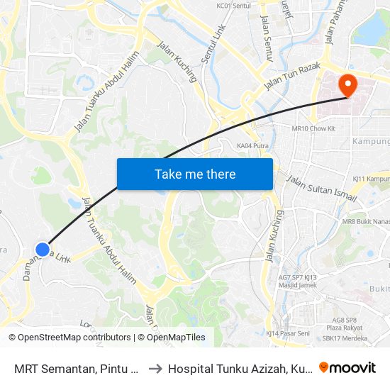 MRT Semantan, Pintu B (Kl1174) to Hospital Tunku Azizah, Kuala Lumpur map