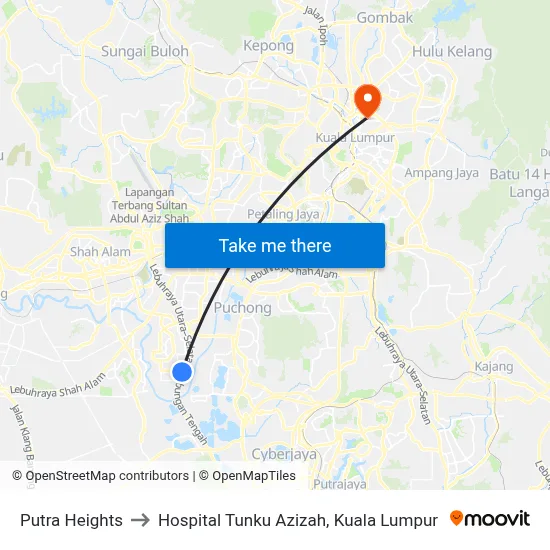 Putra Heights to Hospital Tunku Azizah, Kuala Lumpur map