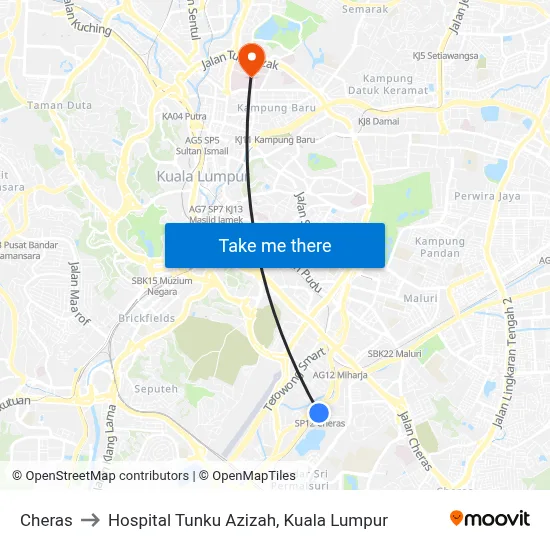 Cheras to Hospital Tunku Azizah, Kuala Lumpur map