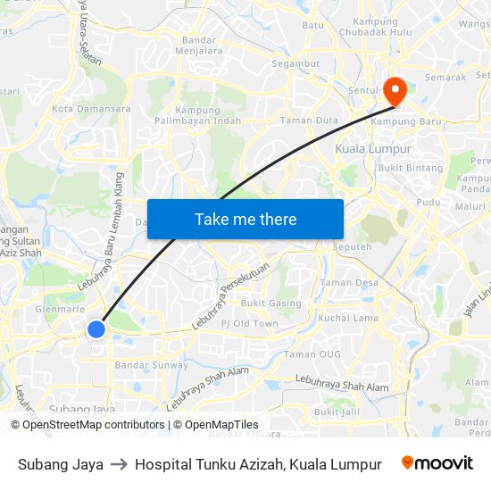 Subang Jaya to Hospital Tunku Azizah, Kuala Lumpur map