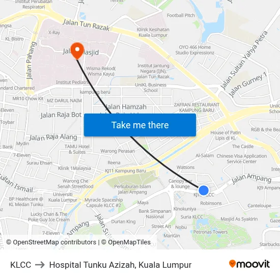 KLCC to Hospital Tunku Azizah, Kuala Lumpur map