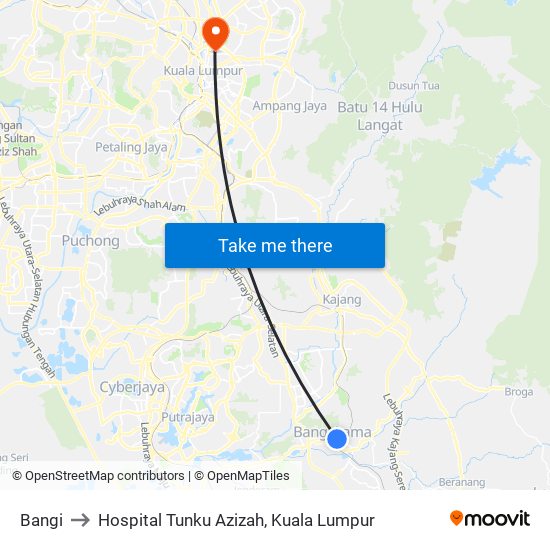 Bangi to Hospital Tunku Azizah, Kuala Lumpur map