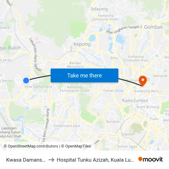 Kwasa Damansara to Hospital Tunku Azizah, Kuala Lumpur map