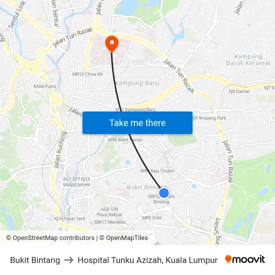 Bukit Bintang to Hospital Tunku Azizah, Kuala Lumpur map