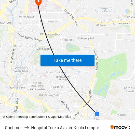 Cochrane to Hospital Tunku Azizah, Kuala Lumpur map