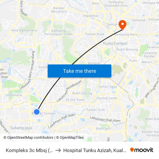 Kompleks 3c Mbsj (Pj617) to Hospital Tunku Azizah, Kuala Lumpur map