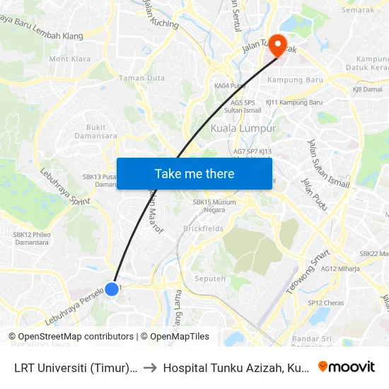 LRT Universiti (Timur) (Kl1440) to Hospital Tunku Azizah, Kuala Lumpur map