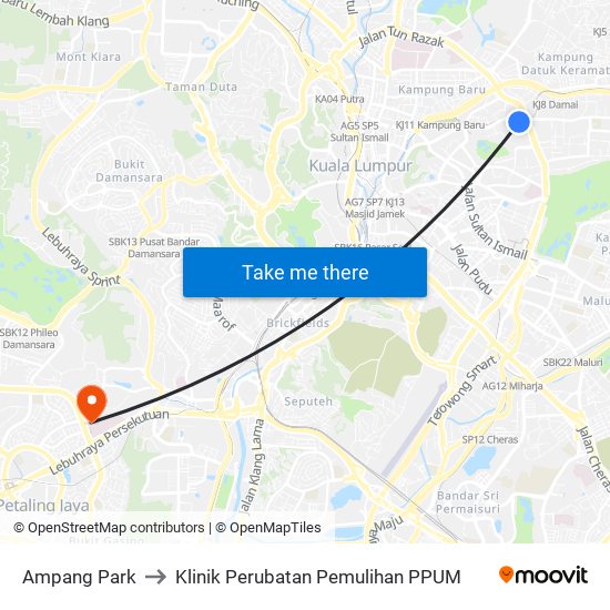 Ampang Park to Klinik Perubatan Pemulihan PPUM map