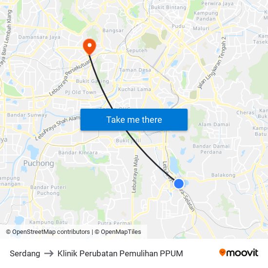 Serdang to Klinik Perubatan Pemulihan PPUM map