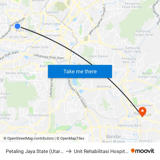 Petaling Jaya State (Utara) (Pj433) to Unit Rehabilitasi Hospital Kajang. map