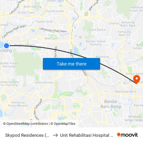 Skypod Residences (Sj447) to Unit Rehabilitasi Hospital Kajang. map