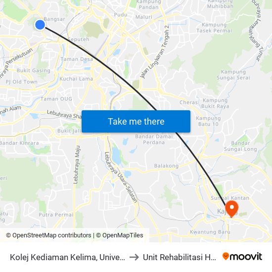 Kolej Kediaman Kelima, Universiti Malaya (Kl2343) to Unit Rehabilitasi Hospital Kajang. map
