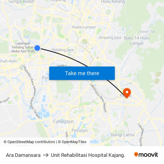 Ara Damansara to Unit Rehabilitasi Hospital Kajang. map