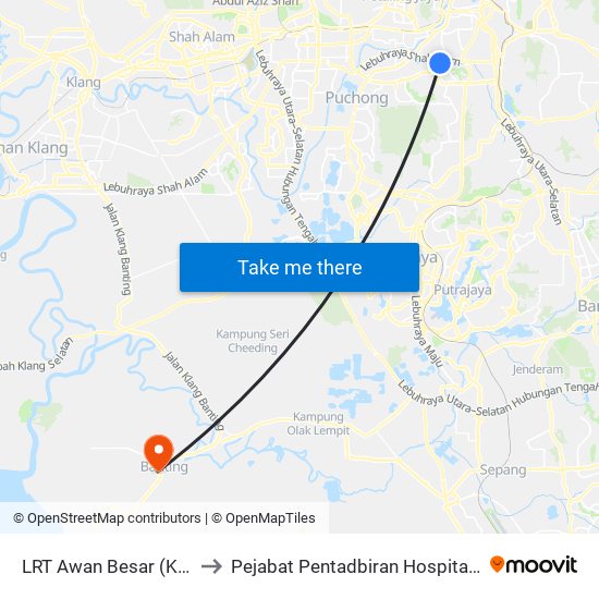 LRT Awan Besar (Kl2324) to Pejabat Pentadbiran Hospital Banting map