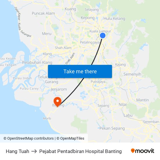 Hang Tuah to Pejabat Pentadbiran Hospital Banting map