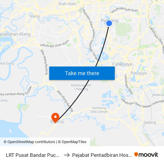 LRT Pusat Bandar Puchong (Sj735) to Pejabat Pentadbiran Hospital Banting map