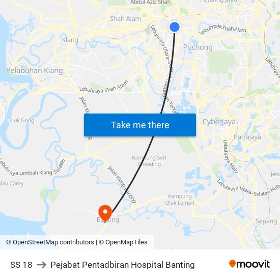 SS 18 to Pejabat Pentadbiran Hospital Banting map