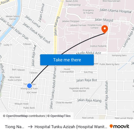 Tiong Nam (Kl42) to Hospital Tunku Azizah (Hospital Wanita Dan Kanak-Kanak KL) map