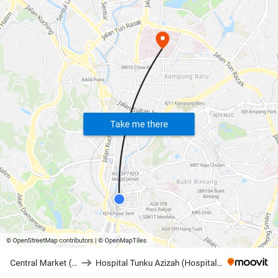 Central Market (Selatan) (Kl109) to Hospital Tunku Azizah (Hospital Wanita Dan Kanak-Kanak KL) map