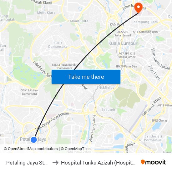 Petaling Jaya State (Utara) (Pj433) to Hospital Tunku Azizah (Hospital Wanita Dan Kanak-Kanak KL) map