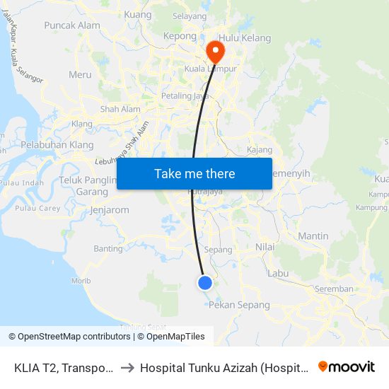 KLIA T2, Transportation Hub Level 1 to Hospital Tunku Azizah (Hospital Wanita Dan Kanak-Kanak KL) map