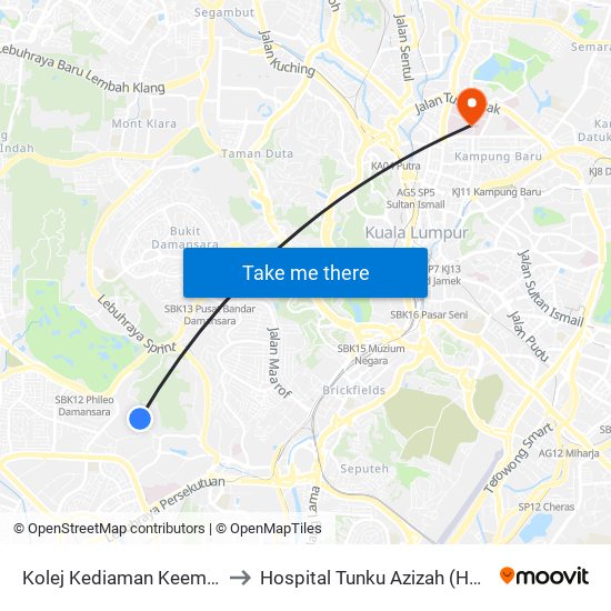 Kolej Kediaman Keempat, Universiti Malaya (Kl2348) to Hospital Tunku Azizah (Hospital Wanita Dan Kanak-Kanak KL) map