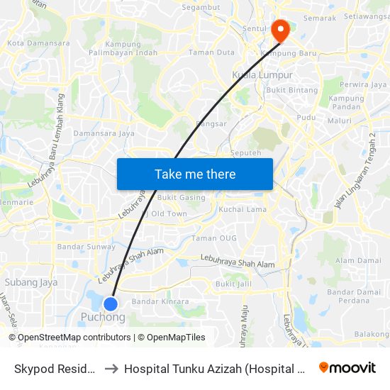 Skypod Residences (Sj447) to Hospital Tunku Azizah (Hospital Wanita Dan Kanak-Kanak KL) map
