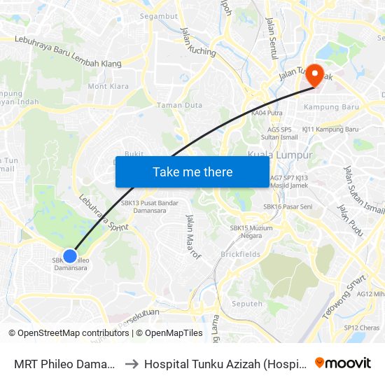 MRT Phileo Damansara, Pintu A (Pj823) to Hospital Tunku Azizah (Hospital Wanita Dan Kanak-Kanak KL) map